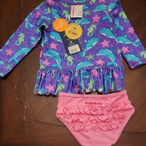 Ruffle Butts Swim Bathing Suit Set - Purple and Pink Neon Fin Friends
